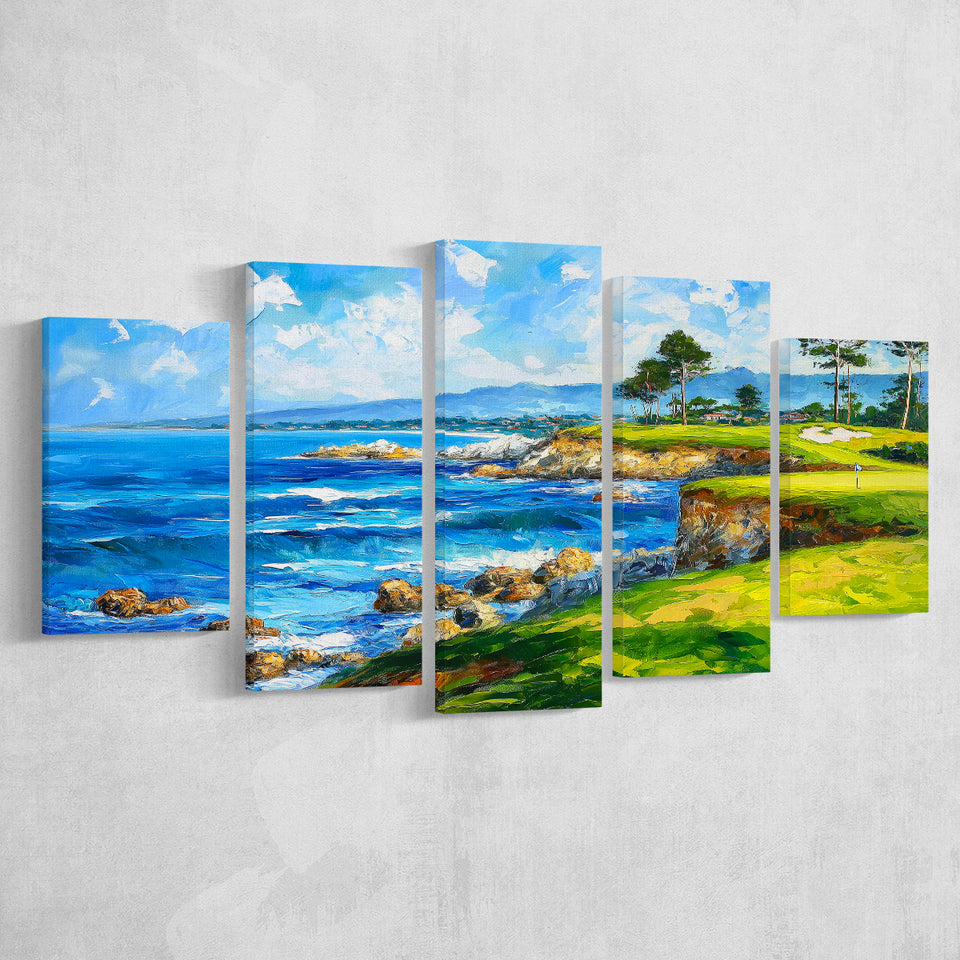 Oil Painting Pebble Beach Golf Links, Golf Art Print, Mixed 5 Panel, Canvas Prints Wall Art