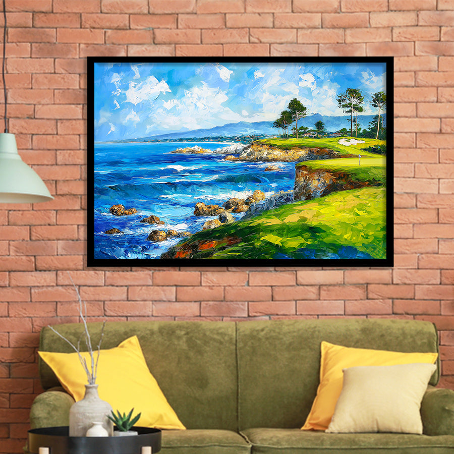 Oil Painting Pebble Beach Golf Links, Golf Art, Gift for him, Framed Art Prints Wall Decor