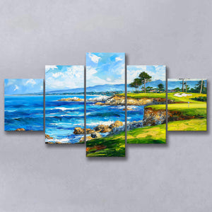 Oil Painting Pebble Beach Golf Links, Golf Art Print, Mixed 5 Panel, Canvas Prints Wall Art