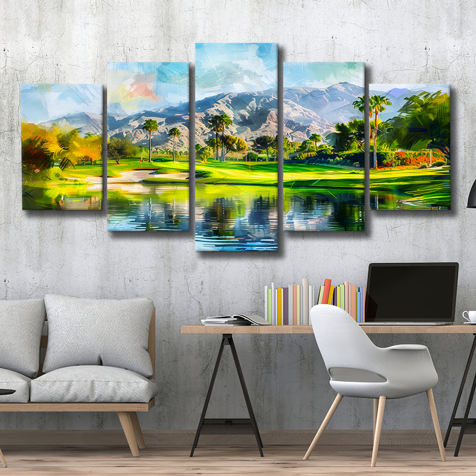 Oil Painting Pga West Stadium Course Hole 17, Golf Art Print, Mixed 5 Panel, Canvas Prints Wall Art