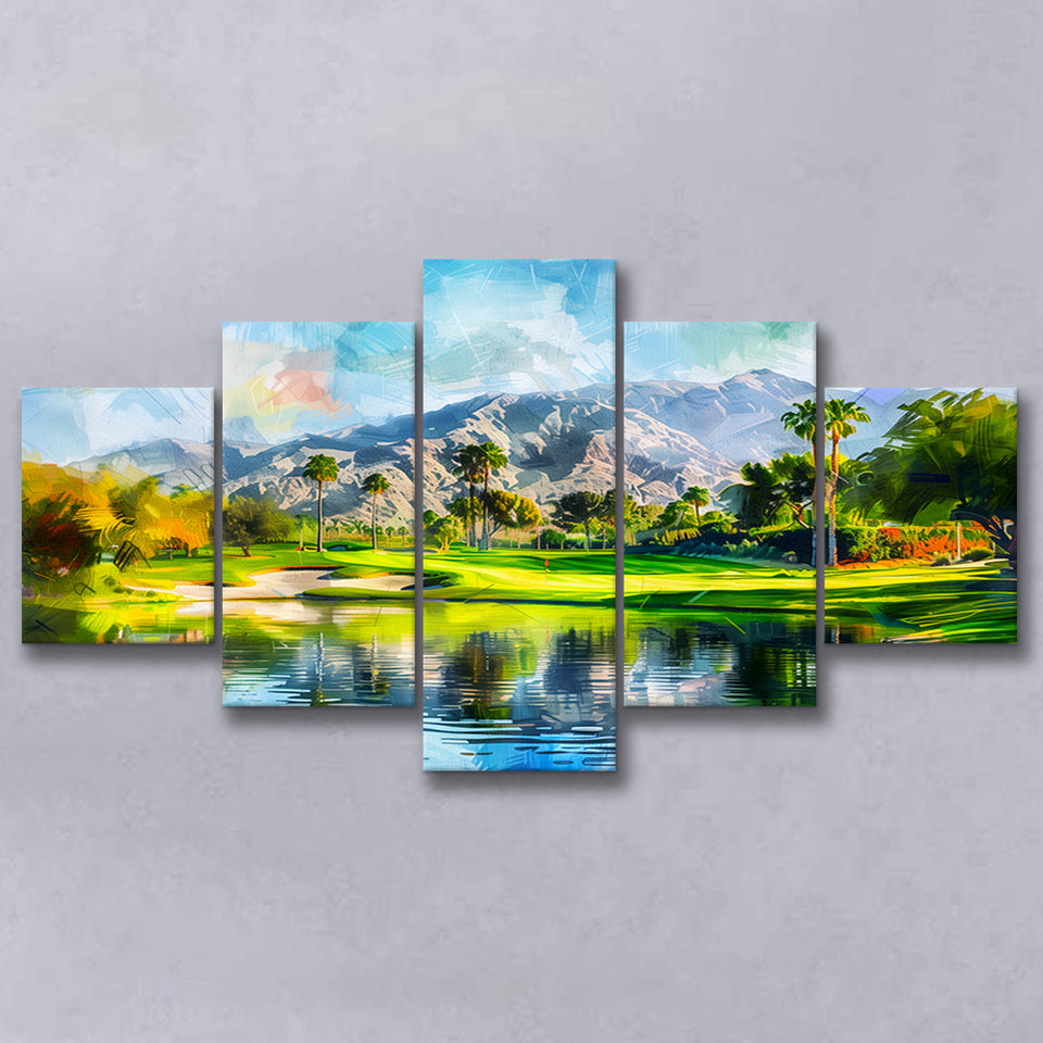 Oil Painting Pga West Stadium Course Hole 17, Golf Art Print, Mixed 5 Panel, Canvas Prints Wall Art