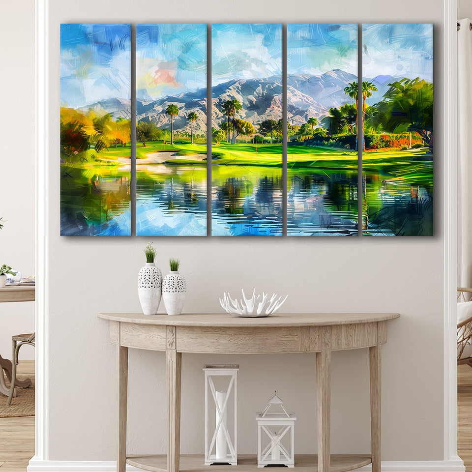 Oil Painting Pga West Stadium Course Hole 17, Golf Art Print, Extra Large 5 Panel, Canvas Prints Wall Art