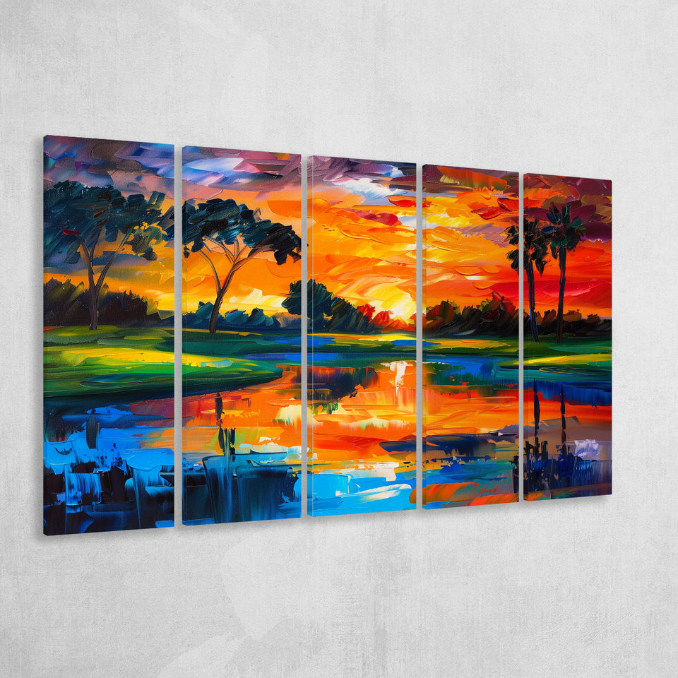 Oil Painting Pinehurst Course Number 2 Golf Courses, Golf Art Print, Extra Large 5 Panel, Canvas Prints Wall Art