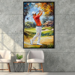 Oil Painting Portrait of Golfer Man, Golf Art Print, Floating Frame, Framed Canvas Print Wall Art