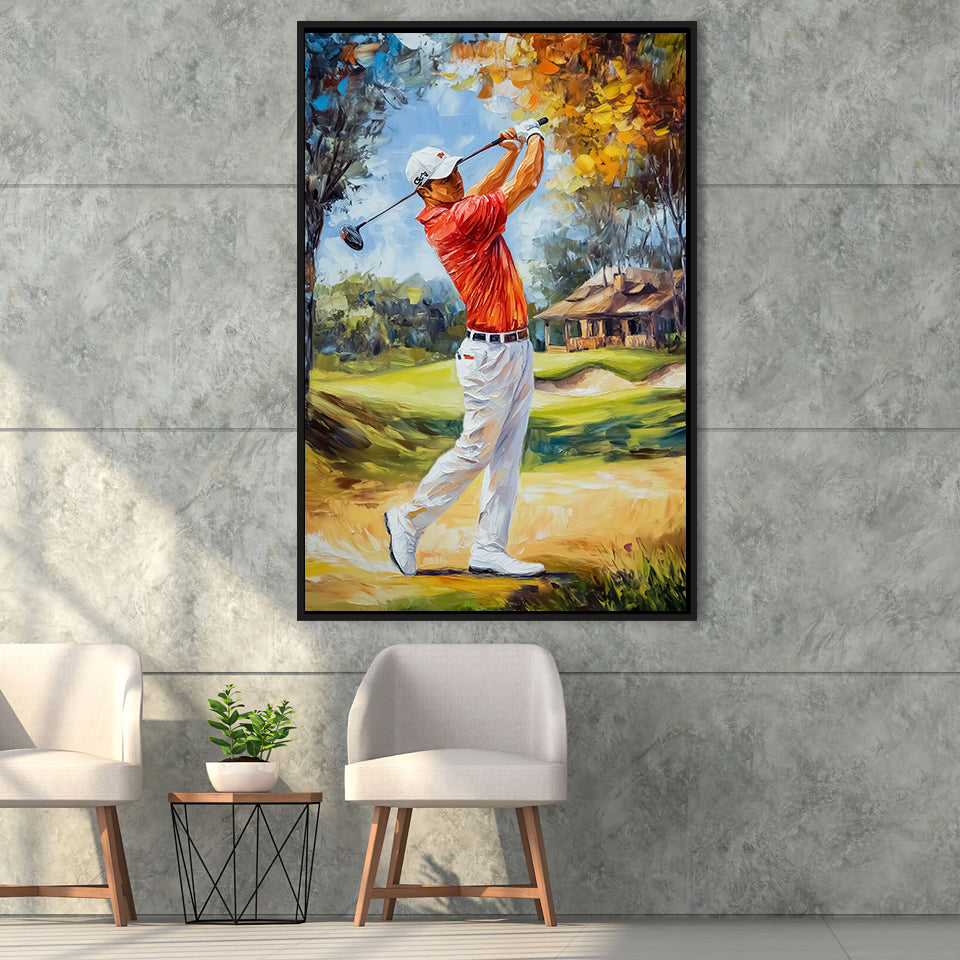 Oil Painting Portrait of Golfer Man, Golf Art Print, Floating Frame, Framed Canvas Print Wall Art