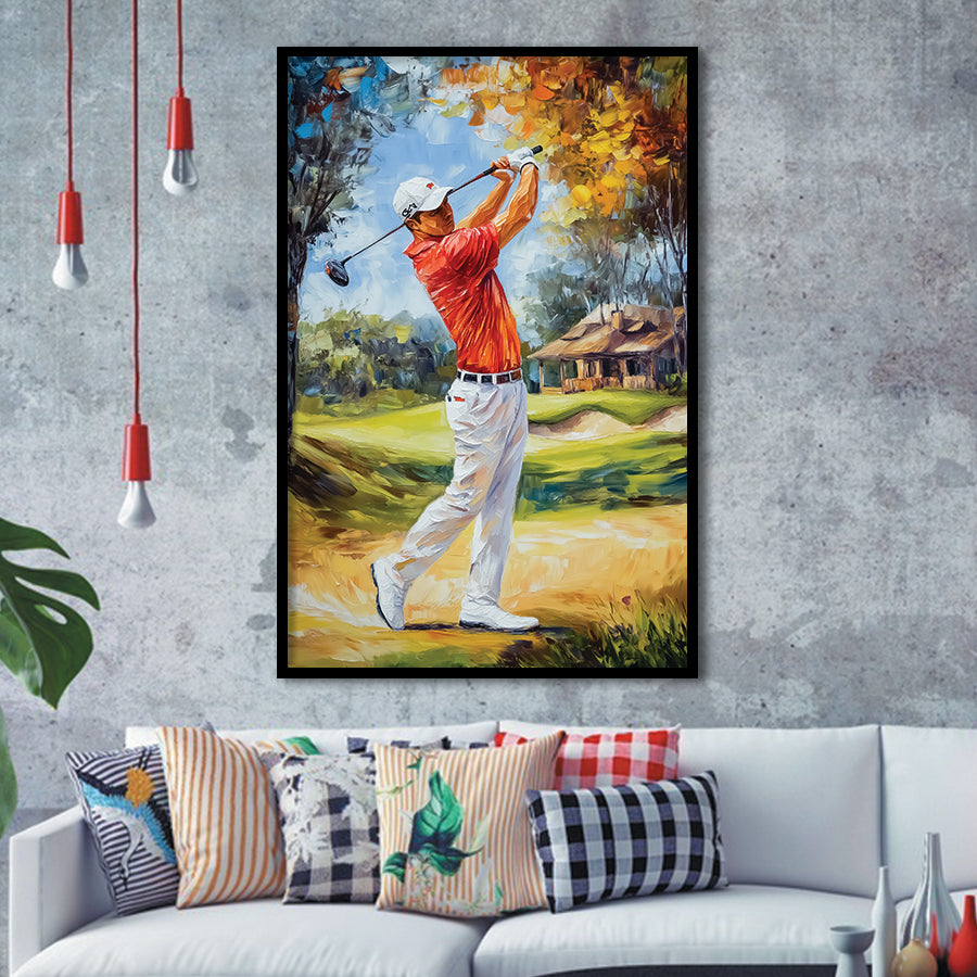Oil Painting Portrait of Golfer Man, Golf Art, Gift for him, Framed Art Print Wall Decor