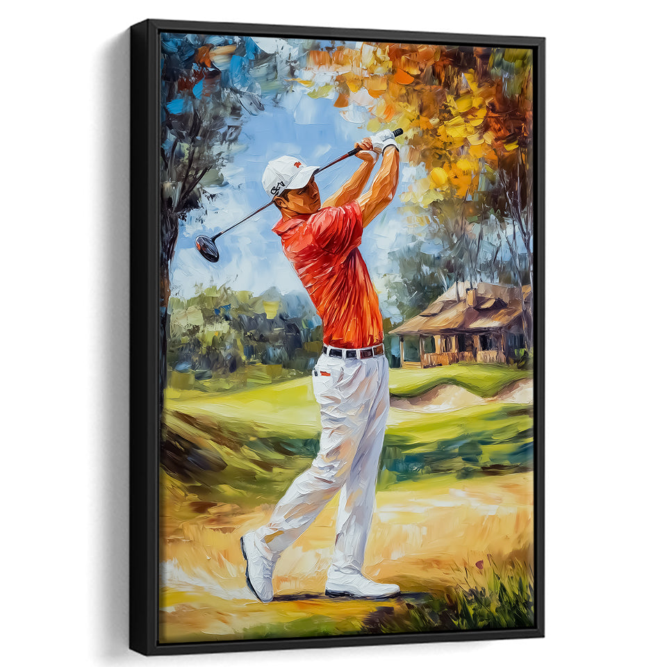 Oil Painting Portrait of Golfer Man, Golf Art Print, Floating Frame, Framed Canvas Print Wall Art