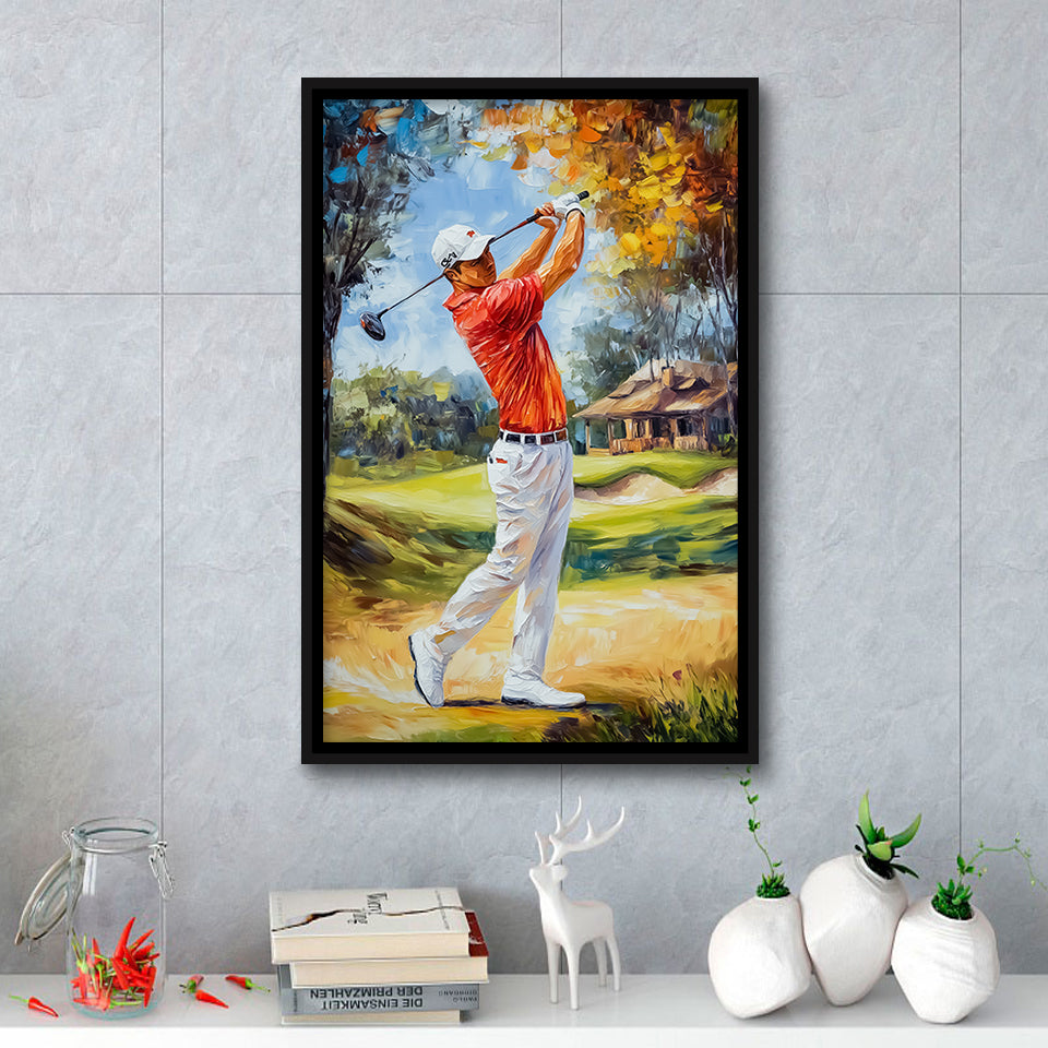 Oil Painting Portrait of Golfer Man, Golf Art Print, Floating Frame, Framed Canvas Print Wall Art