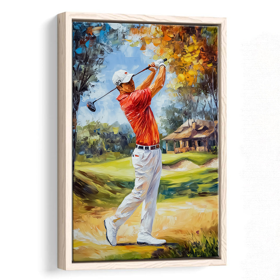 Oil Painting Portrait of Golfer Man, Golf Art Print, Floating Frame, Framed Canvas Print Wall Art