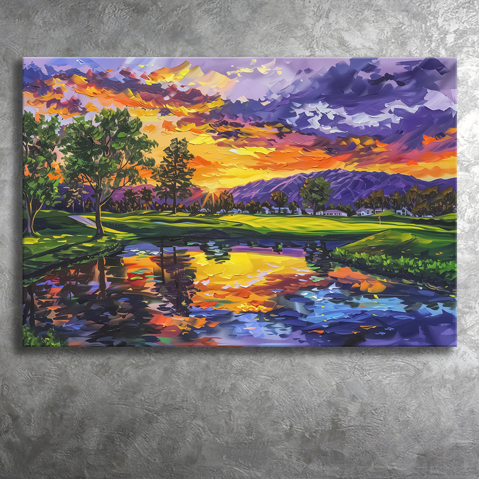 Oil Painting Shadow Creek Golf Club Hole 18 In Sunset, Golf Art Print, Gift for him, Canvas Prints Wall Art