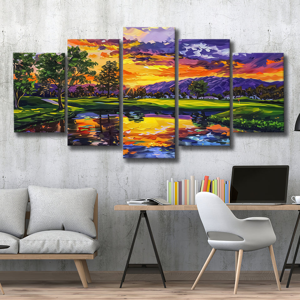 Oil Painting Shadow Creek Golf Club Hole 18 In Sunset, Golf Art Print, Mixed 5 Panel, Canvas Prints Wall Art