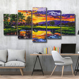 Oil Painting Shadow Creek Golf Club Hole 18 In Sunset, Golf Art Print, Mixed 5 Panel, Canvas Prints Wall Art