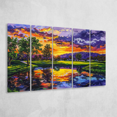 Oil Painting Shadow Creek Golf Club Hole 18 In Sunset, Golf Art Print, Extra Large 5 Panel, Canvas Prints Wall Art