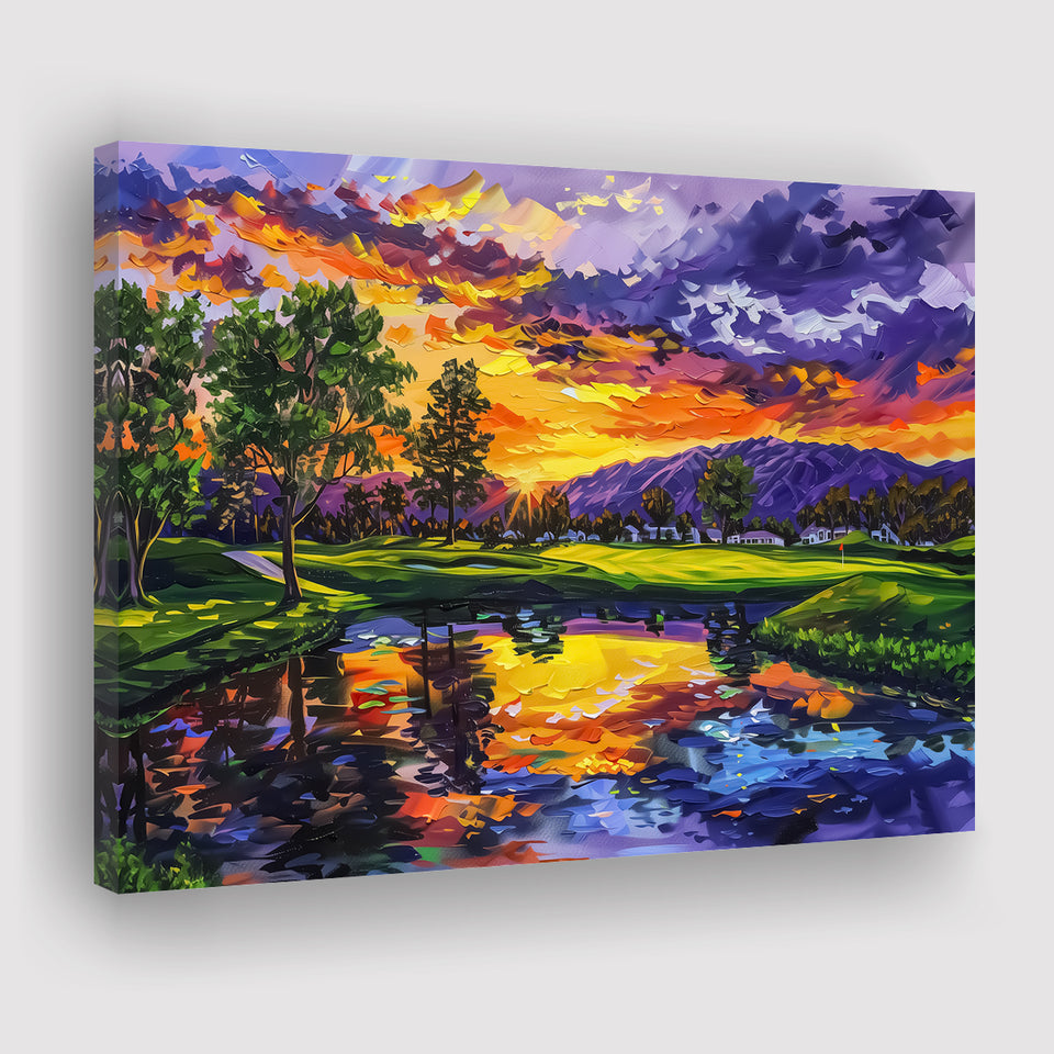 Oil Painting Shadow Creek Golf Club Hole 18 In Sunset, Golf Art Print, Gift for him, Canvas Prints Wall Art