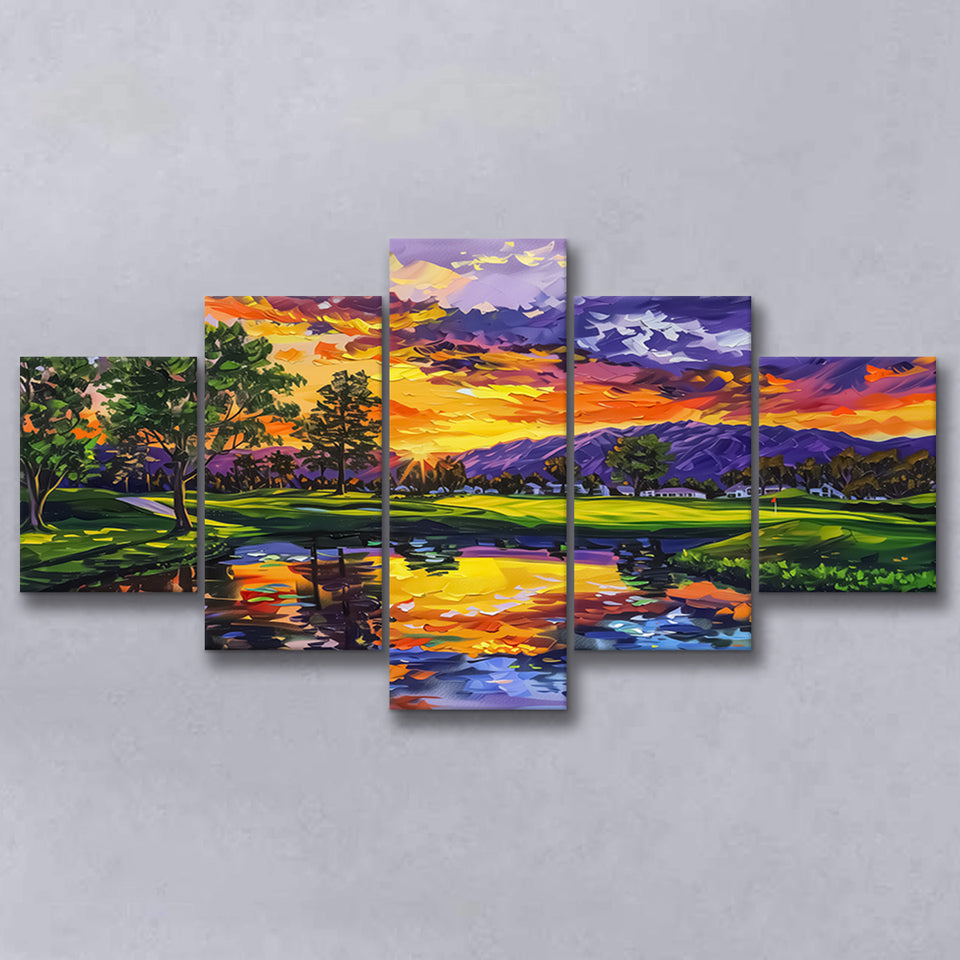 Oil Painting Shadow Creek Golf Club Hole 18 In Sunset, Golf Art Print, Mixed 5 Panel, Canvas Prints Wall Art