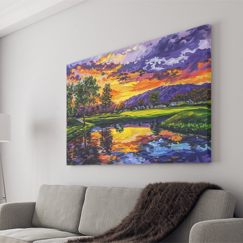 Oil Painting Shadow Creek Golf Club Hole 18 In Sunset, Golf Art Print, Gift for him, Canvas Prints Wall Art