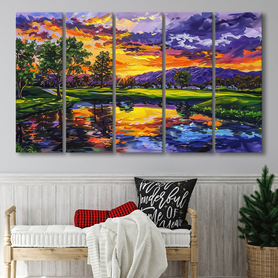 Oil Painting Shadow Creek Golf Club Hole 18 In Sunset, Golf Art Print, Extra Large 5 Panel, Canvas Prints Wall Art