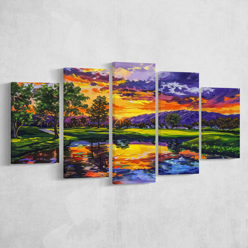 Oil Painting Shadow Creek Golf Club Hole 18 In Sunset, Golf Art Print, Mixed 5 Panel, Canvas Prints Wall Art