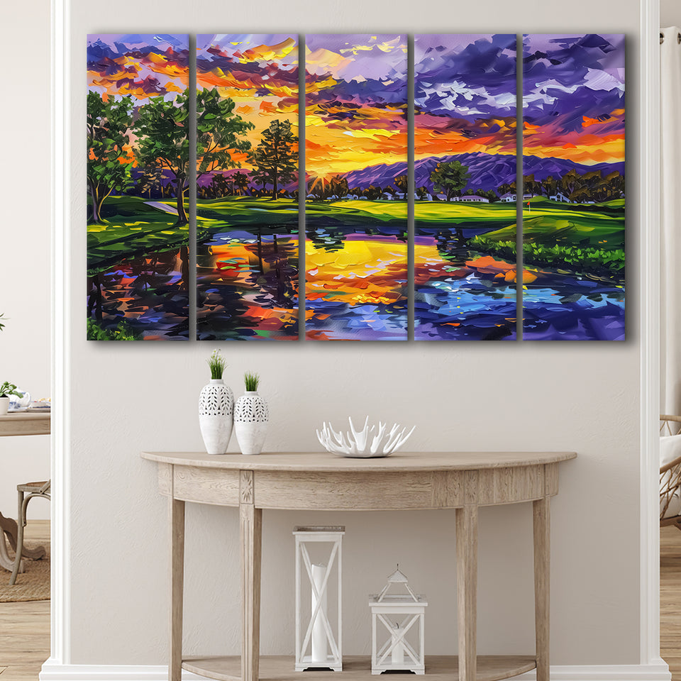 Oil Painting Shadow Creek Golf Club Hole 18 In Sunset, Golf Art Print, Extra Large 5 Panel, Canvas Prints Wall Art