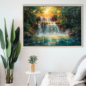 Oil Painting Waterfall In Forest Sunrise, Floating Frame, Framed Canvas Print Wall Art Home Decor