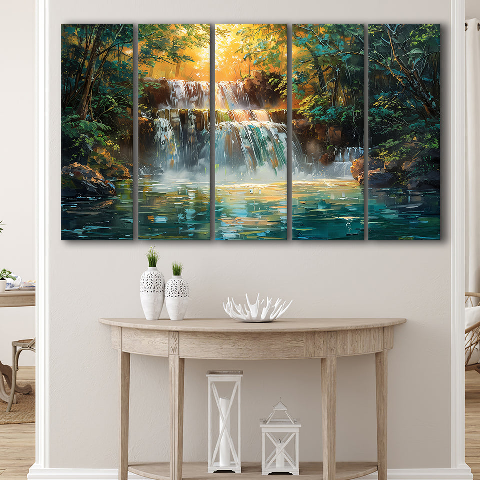 Oil Painting Waterfall In Forest Sunrise, Extra Large Canvas, Canvas Print Wall Art Decor