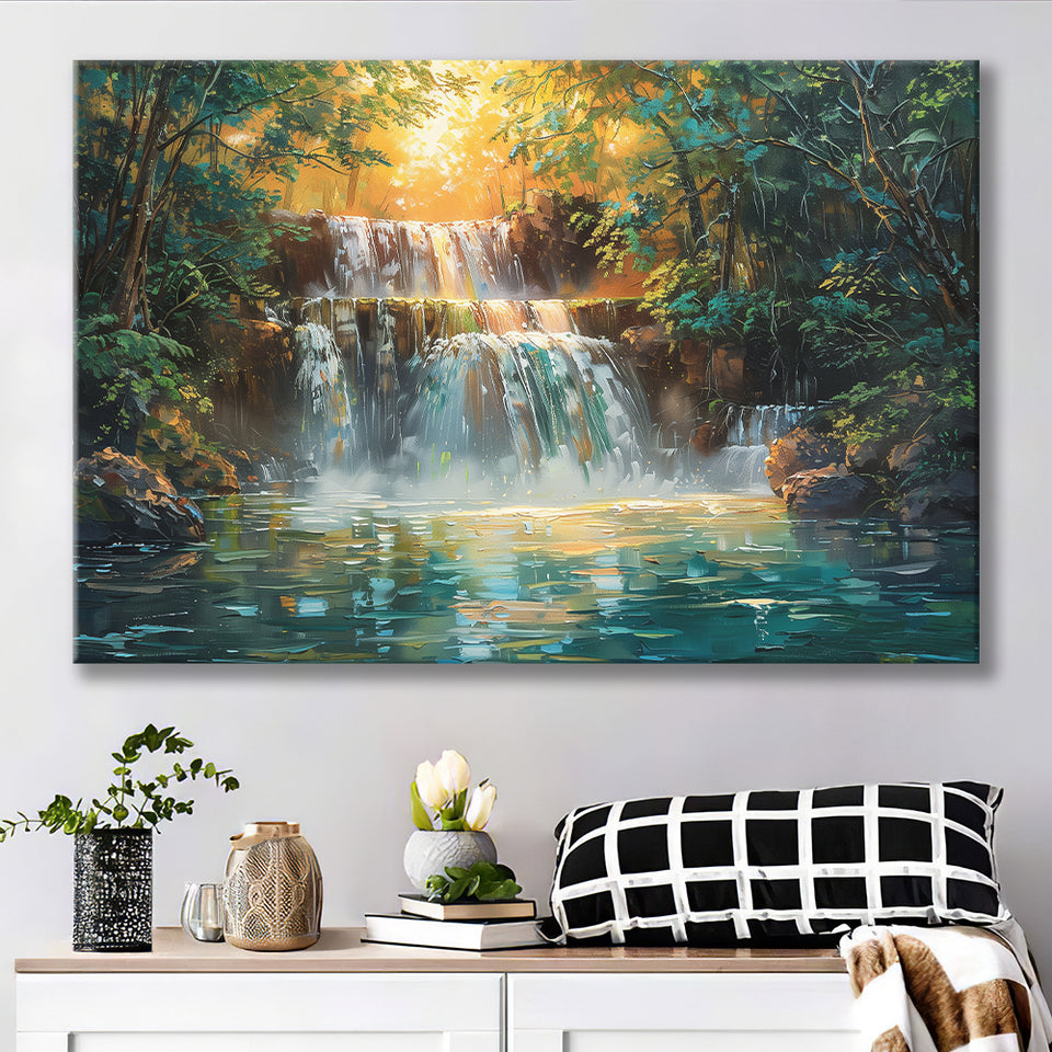 Oil Painting Waterfall In Forest Sunrise, Art Print, Canvas Print Wall Art Home Decor