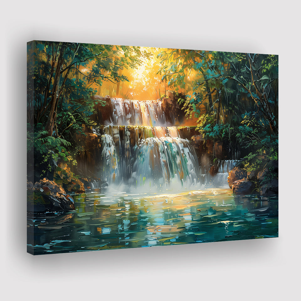 Oil Painting Waterfall In Forest Sunrise, Art Print, Canvas Print Wall Art Home Decor