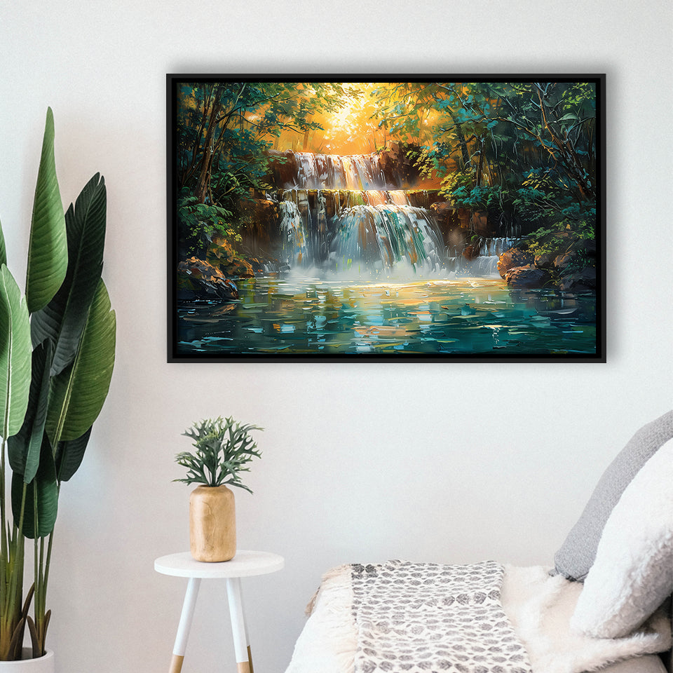 Oil Painting Waterfall In Forest Sunrise, Floating Frame, Framed Canvas Print Wall Art Home Decor