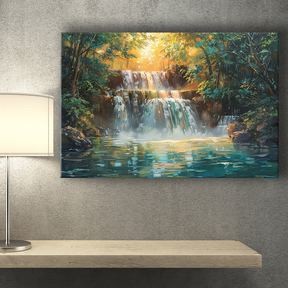Oil Painting Waterfall In Forest Sunrise, Art Print, Canvas Print Wall Art Home Decor