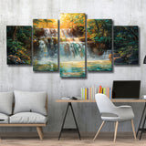 Oil Painting Waterfall In Forest Sunrise, Multi Panel,Mixed Canvas Print Wall Art Decor