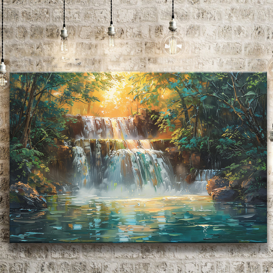 Oil Painting Waterfall In Forest Sunrise, Art Print, Canvas Print Wall Art Home Decor