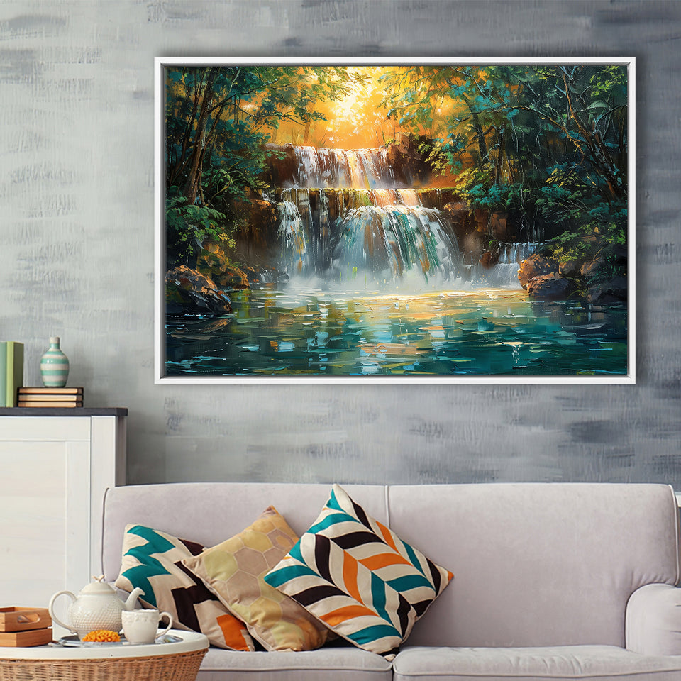 Oil Painting Waterfall In Forest Sunrise, Floating Frame, Framed Canvas Print Wall Art Home Decor