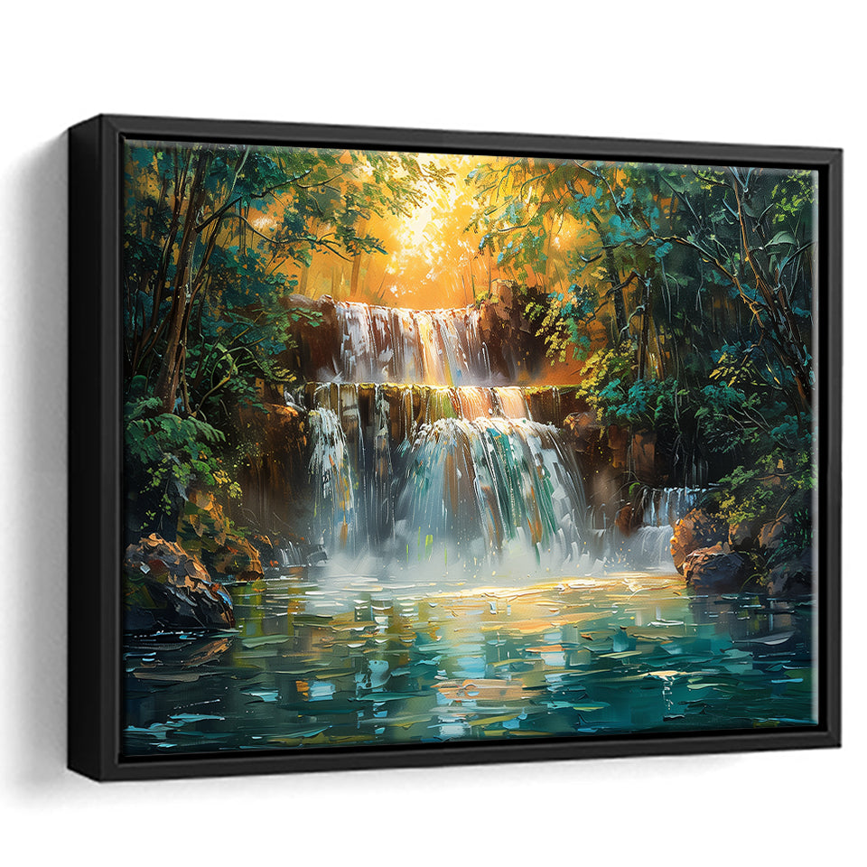 Oil Painting Waterfall In Forest Sunrise, Floating Frame, Framed Canvas Print Wall Art Home Decor