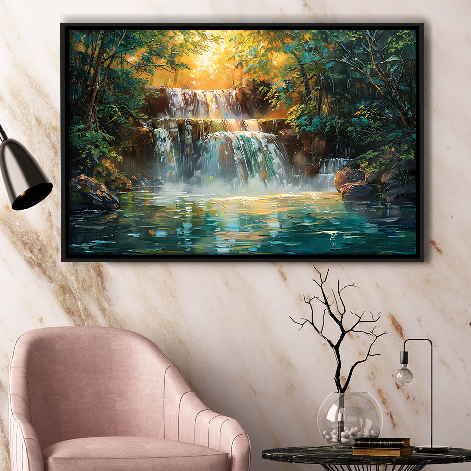 Oil Painting Waterfall In Forest Sunrise, Floating Frame, Framed Canvas Print Wall Art Home Decor