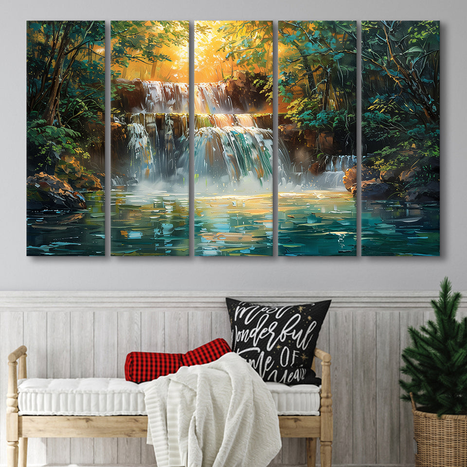 Oil Painting Waterfall In Forest Sunrise, Extra Large Canvas, Canvas Print Wall Art Decor