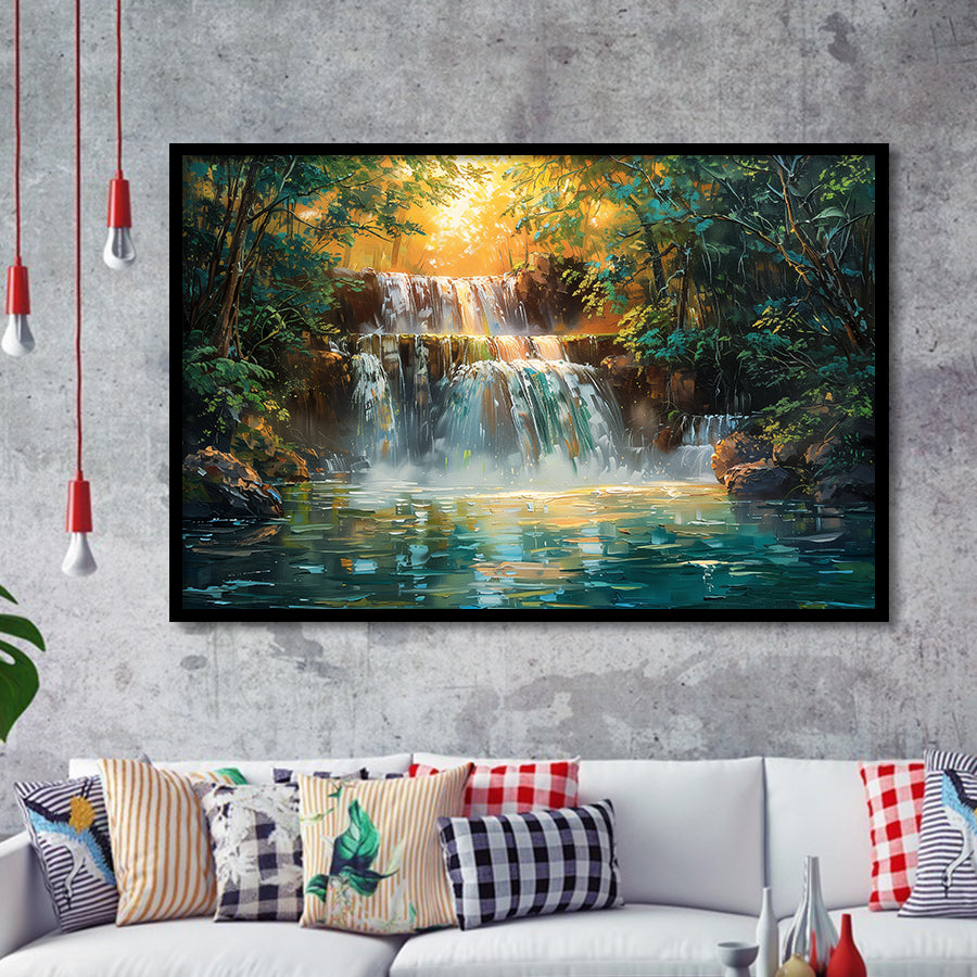Oil Painting Waterfall In Forest Sunrise, Painting Art, Framed Art Print Wall Art Home Decor