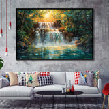 Oil Painting Waterfall In Forest Sunrise, Floating Frame, Framed Canvas Print Wall Art Home Decor