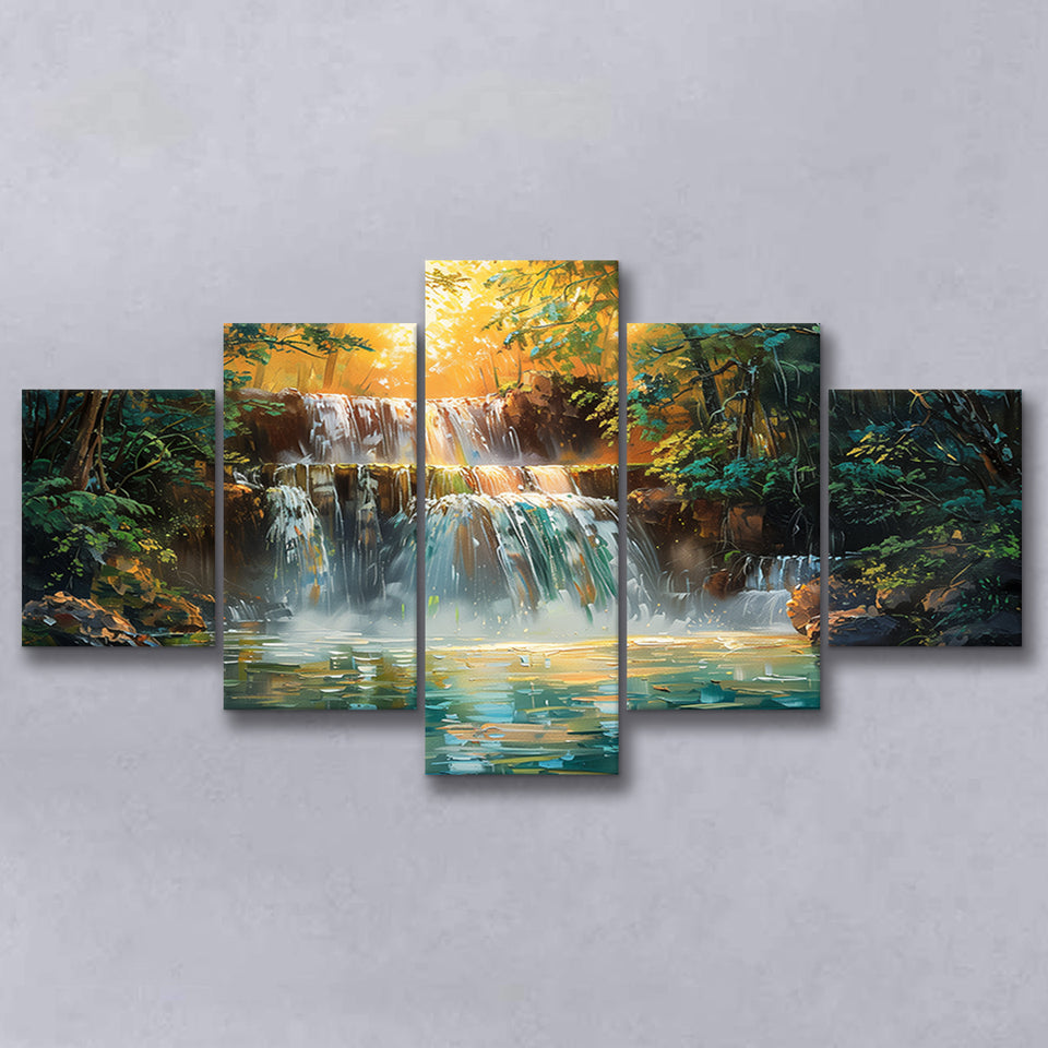 Oil Painting Waterfall In Forest Sunrise, Multi Panel,Mixed Canvas Print Wall Art Decor