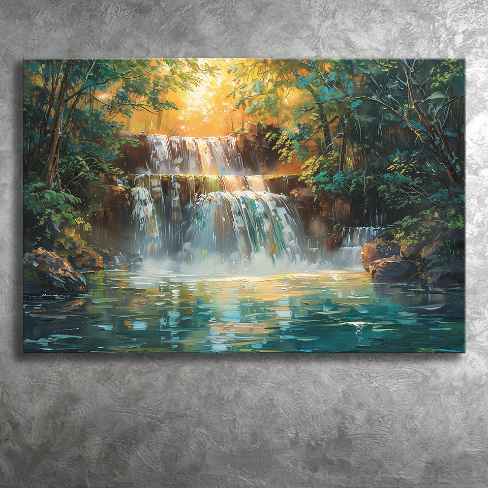Oil Painting Waterfall In Forest Sunrise, Art Print, Canvas Print Wall Art Home Decor
