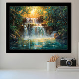 Oil Painting Waterfall In Forest Sunrise, Painting Art, Framed Art Print Wall Art Home Decor