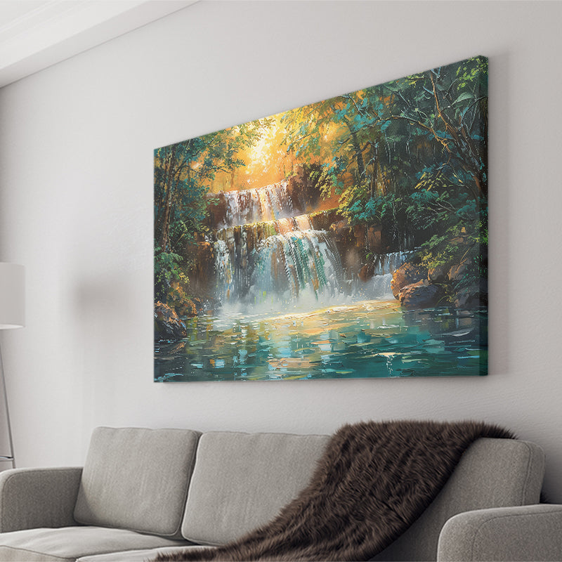 Oil Painting Waterfall In Forest Sunrise, Art Print, Canvas Print Wall Art Home Decor