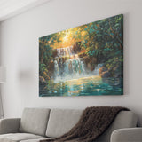 Oil Painting Waterfall In Forest Sunrise, Art Print, Canvas Print Wall Art Home Decor
