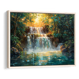 Oil Painting Waterfall In Forest Sunrise, Floating Frame, Framed Canvas Print Wall Art Home Decor