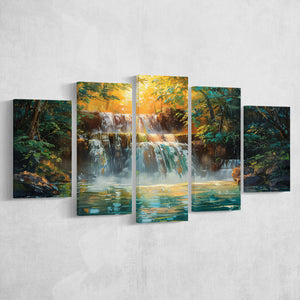 Oil Painting Waterfall In Forest Sunrise, Multi Panel,Mixed Canvas Print Wall Art Decor