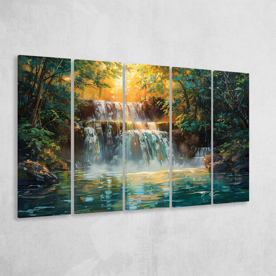 Oil Painting Waterfall In Forest Sunrise, Extra Large Canvas, Canvas Print Wall Art Decor