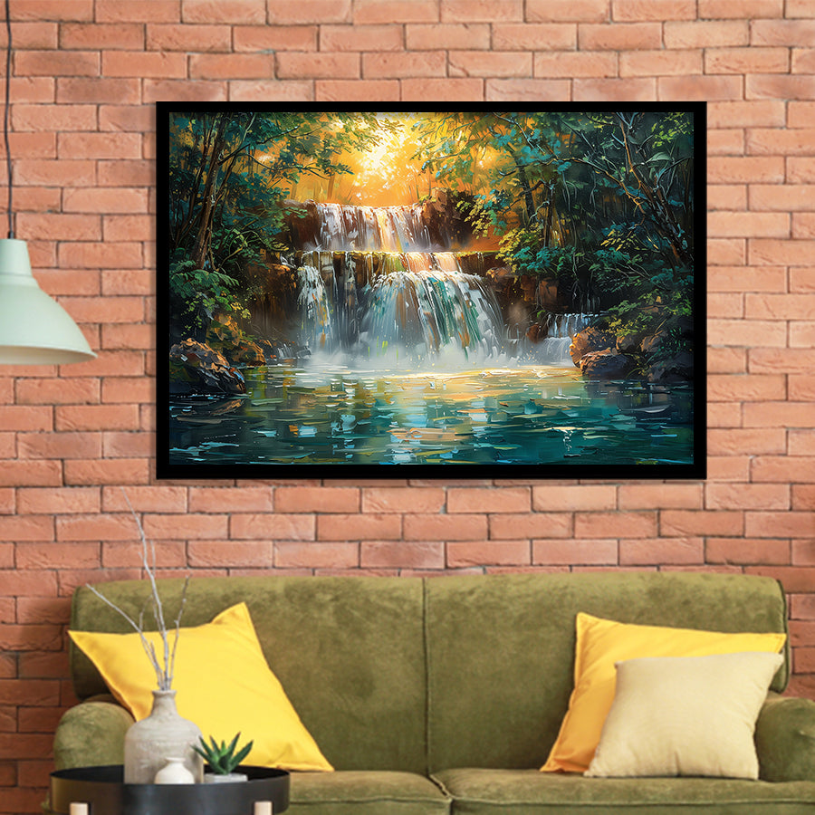 Oil Painting Waterfall In Forest Sunrise, Painting Art, Framed Art Print Wall Art Home Decor