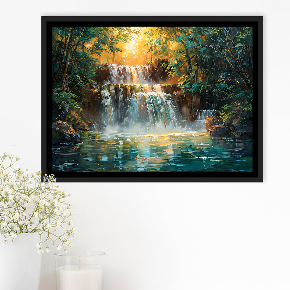 Oil Painting Waterfall In Forest Sunrise, Floating Frame, Framed Canvas Print Wall Art Home Decor