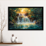 Oil Painting Waterfall In Forest Sunrise, Floating Frame, Framed Canvas Print Wall Art Home Decor