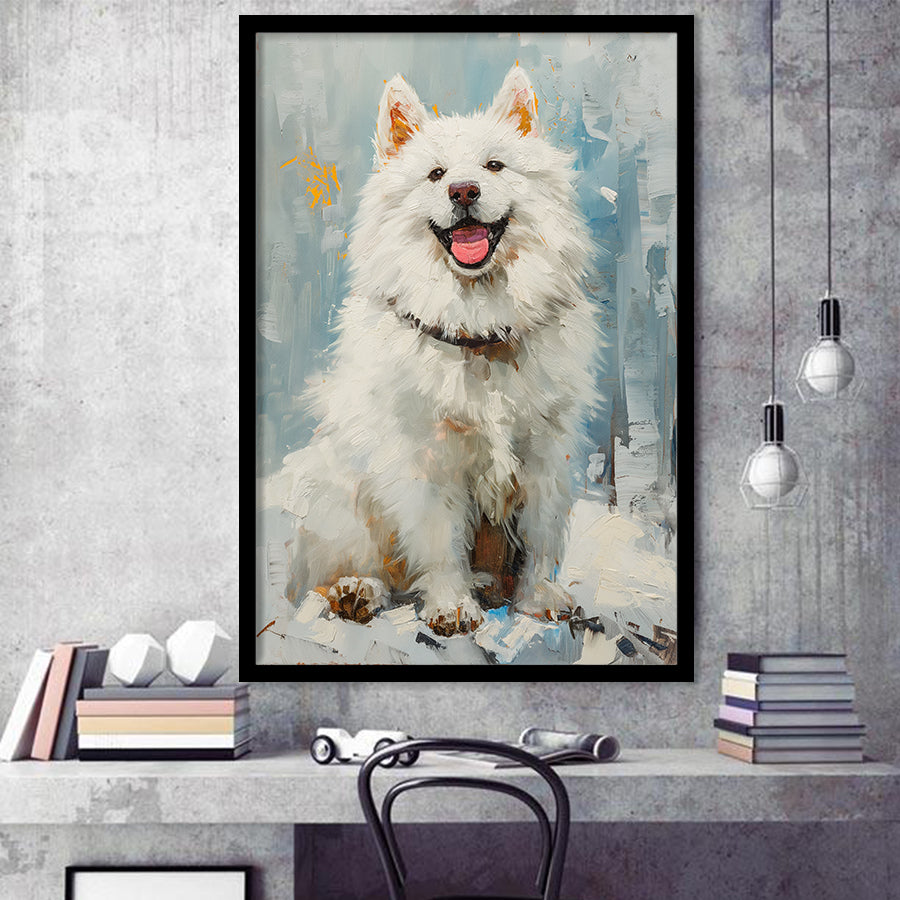Oil Painting White Samoyed Dog Dog Portrait, Framed Art Prints Wall Art Decor, Framed Picture Print
