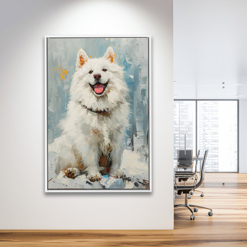 Oil Painting White Samoyed Dog Dog Portrait, Framed Canvas Prints Wall Art Decor, Floating Frame